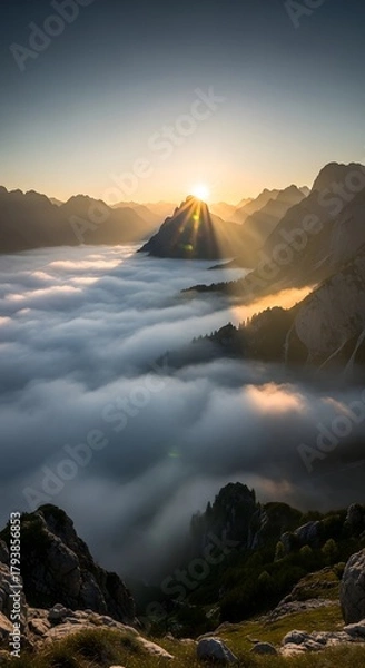 Fototapeta A breathtaking sunrise over a mountain range with clouds filling the valley and sunlight casting a golden glow on the peaks, creating a serene and majestic landscape scene