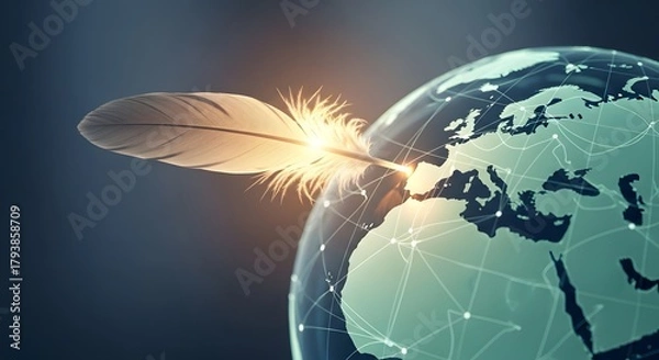 Fototapeta A digital globe with a feather quill symbolizing global communication and the exchange of ideas in a modern technological context