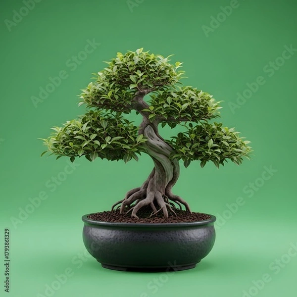 Obraz A beautifully shaped bonsai tree with lush green foliage in a round black pot against a vibrant green background