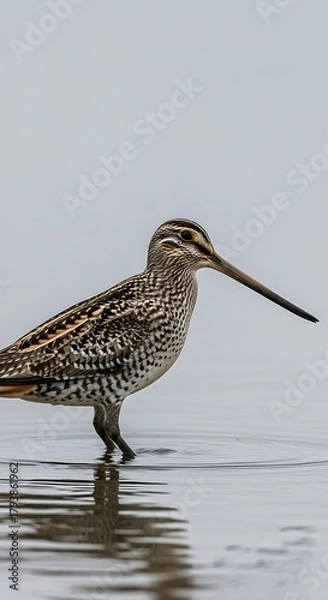 Fototapeta Snipe in Shallow Water - A Detailed Portrait of a Wading Bird.
