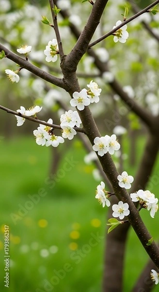 Fototapeta Blossoming Tree in Spring - A Close-Up of Delicate White Flowers.