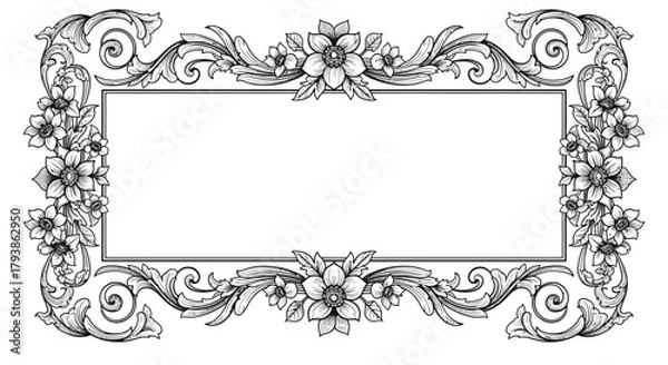 Fototapeta Ornate floral rectangular frame with intricate scrollwork and blooming flowers.