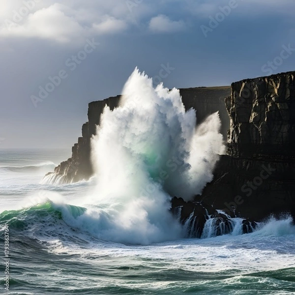 Obraz Powerful ocean waves crashing against rugged cliffs during a stormy day with dark clouds overhead