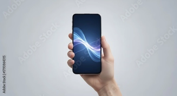 Fototapeta minimalist scene with hand holding smartphone displaying