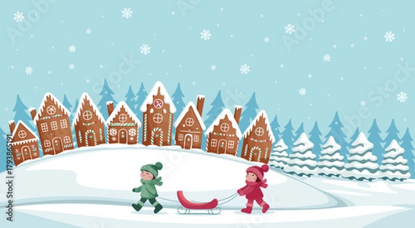 Obraz Festive winter scene vector featuring a quaint gingerbread house village under falling snow, with two children and suitcase, evoking holiday travel, seasonal joy, and cozy Christmas atmosphere
