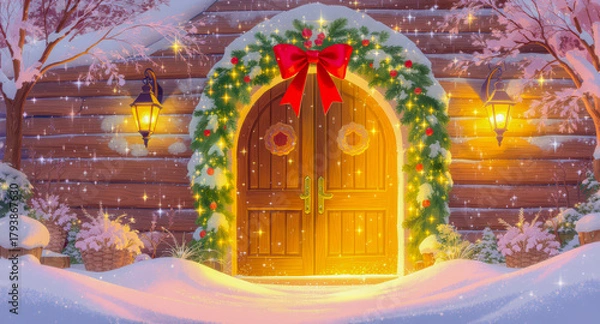 Obraz Festive doorway with garland bow lantern glow wooden cabin snow holiday wreath winter sparkling lights
