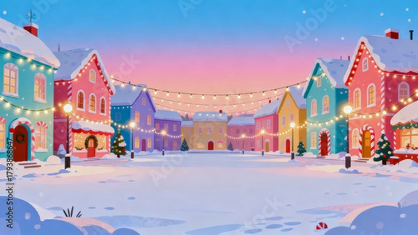 Fototapeta Snowy town square with candy colored houses, festive lights, winter evening, peaceful, holiday atmosphere, decorated windows