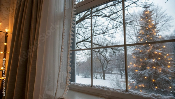 Obraz Cozy winter window lace curtain snow landscape tree lights warm glow holiday season indoor view quiet evening serene mood
