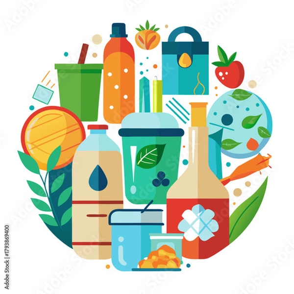 Fototapeta A vibrant circular composition showcasing a variety of healthy food and drink items, including fruits, bottles, and reusable cups, promoting a sustainable and organic lifestyle