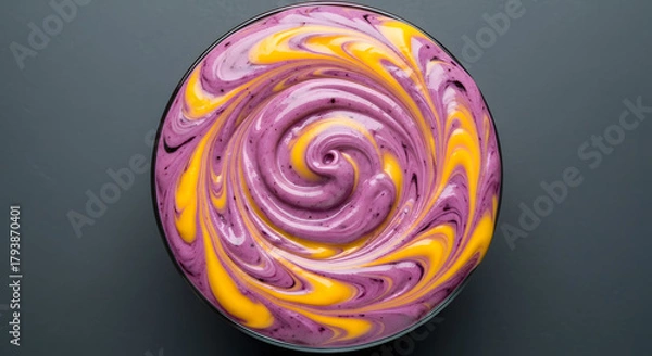 Fototapeta Top-down close-up of thick, creamy yogurt or fruit smoothie base swirled abstractly with vibrant purple (berry) and yellow (mango/banana) colors, suggesting health, flavor, and dessert