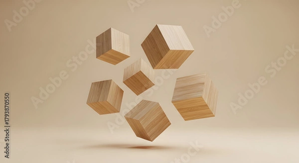 Fototapeta Abstract 3D render of several light wood grain cubes floating dynamically against a minimal beige background, ideal for construction, design, or abstract geometric concepts with natural elements