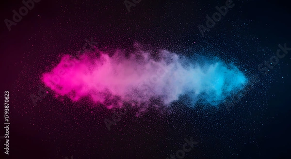 Fototapeta Dynamic explosion of fine powder or dust forming a horizontal beam shape, illuminated by vibrant neon pink and cyan/blue light, isolated dramatically against a dark background, perfect for banners