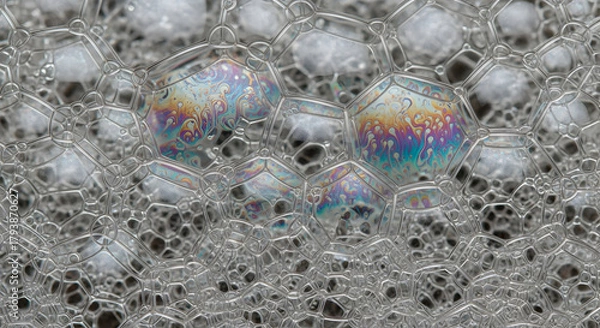 Fototapeta Extreme macro close-up of soap foam bubbles forming a continuous hexagonal pattern, showing iridescent rainbow colors on the film surface, symbolizing chemistry, science, and cleanliness