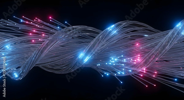 Fototapeta Futuristic 3D render of dense fiber optic cables twisted together, glowing with neon pink and blue light points, symbolizing fast data connection, bandwidth, and communication technology
