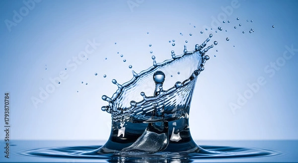 Fototapeta Extreme macro close-up, high-speed photograph of a water drop colliding with the surface, creating a perfect crown splash shape, symbolizing freshness, purity, and dynamic liquid motion