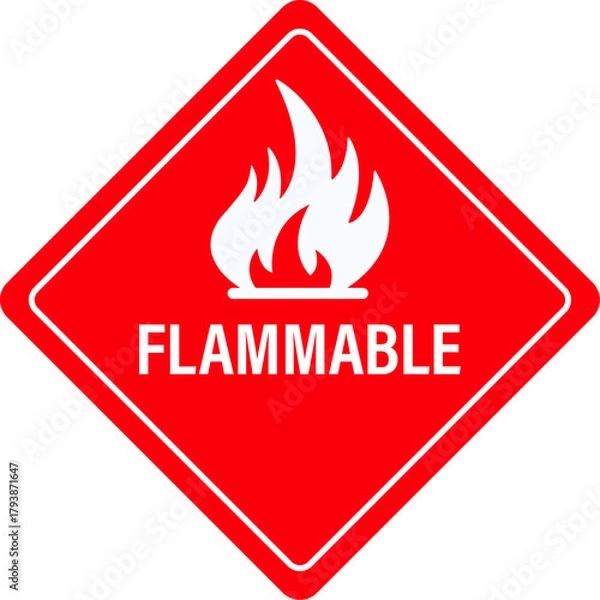 Fototapeta Flammable sign. Fire warning sign. Danger flammable warning sign. Fire hazard symbol. Safety first concept for combustible materials. Industrial safety label. Flammable material warning sign. 
