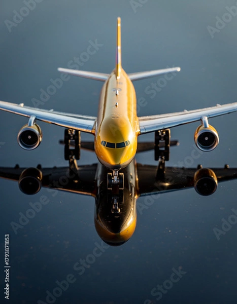 Obraz A symmetrical head-on view of a golden passenger airplane with its perfect reflection on a dark, glossy surface.