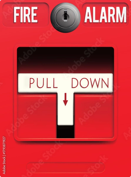 Fototapeta Manual pull down fire alarm. Fire alarm pull station. Red manual call point for fire alarm vector. Red manual call point isolated on white background. Red Fire Alarm Pull Station.. 