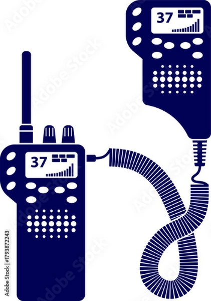 Fototapeta Silhouette of two-way Police radio. Vector illustration of two black walkie-talkies, two-way radios. Walkie Talkie Radio Icon Set. Communication Device, Wireless Signal Vector Silhouettes