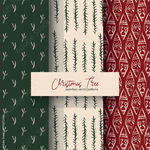 Fototapeta Christmas seamless pattern set with pine branches ornaments and festive hand drawn elements for winter design projects