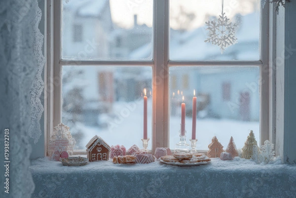 Fototapeta cozy indoor view through snowcovered window warm glow of candles reflected on glass