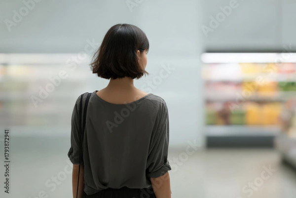 Fototapeta person walks through supermarket engaging with augmented reality information on products