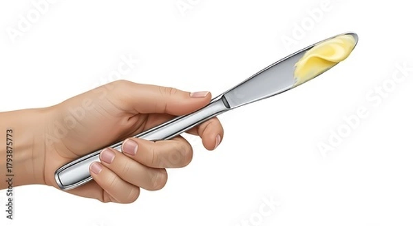 Fototapeta Hand holding butter knife with butter on it, isolated on white background