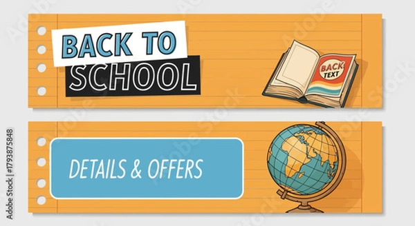 Obraz Back to school promotional banner with book and globe, offering details