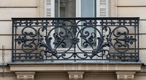 Fototapeta Detailed view of an ornate black wrought iron balcony with intricate scrollwork, a classic feature of elegant Parisian architecture