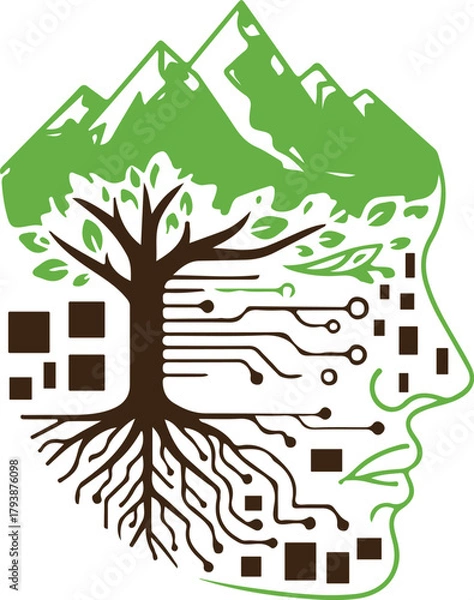 Fototapeta Human Head Profile with Tree, Roots, Circuit Board, and Mountains.  Nature, technology, and environmental intelligence graphic