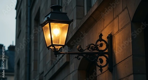 Fototapeta A vintage outdoor wall lamp illuminates a building facade with a warm glow, casting a cozy ambiance on a dusky evening