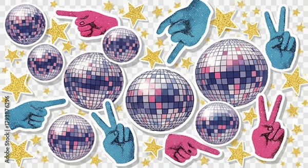 Fototapeta Funky Disco Party Background with Disco Balls, Hands, and Glittering Stars Pattern