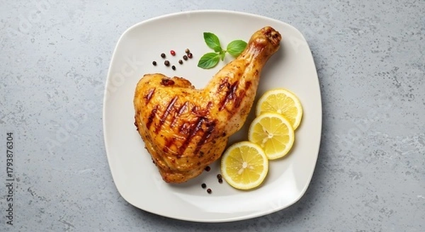 Fototapeta Delicious grilled chicken leg quarter seasoned with herbs and spices, served with lemon slices on a white plate