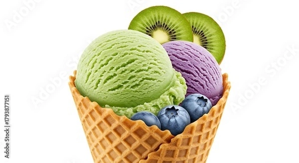 Fototapeta A delightful mix of green kiwi and purple blueberry ice cream scoops served in a crispy waffle cone, garnished with fresh fruit and berries for a refreshing summer treat