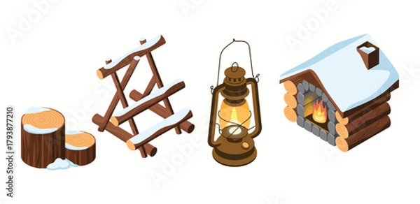 Fototapeta Cozy winter scene vector featuring a snow-covered cabin, fireplace, pine trees, and seasonal decorations. Perfect for holiday cards, winter illustrations, posters, and seasonal design