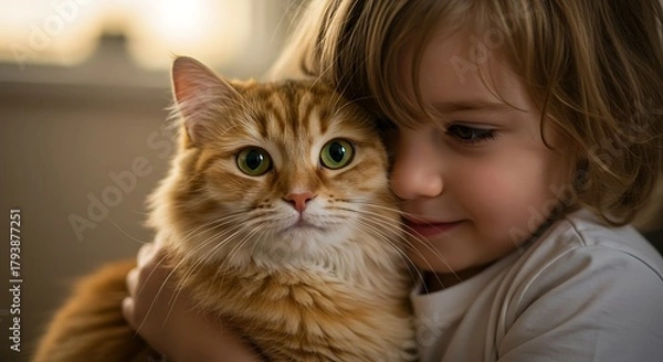 Fototapeta Close-up portrait of a young child gently holding a fluffy ginger cat, capturing a moment of affection and companionship between them