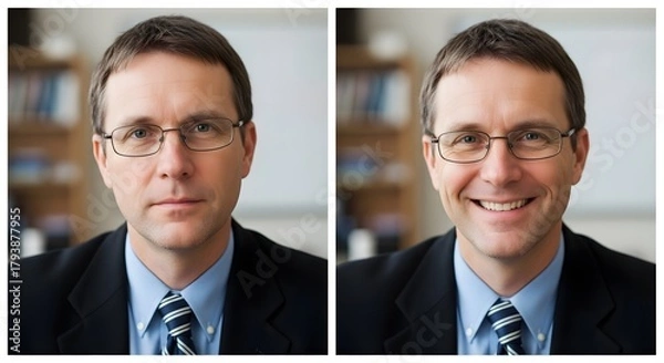 Obraz A professional man in formal attire with glasses, showing a serious expression in the first image and a cheerful smile in the second image, set against a blurred office background
