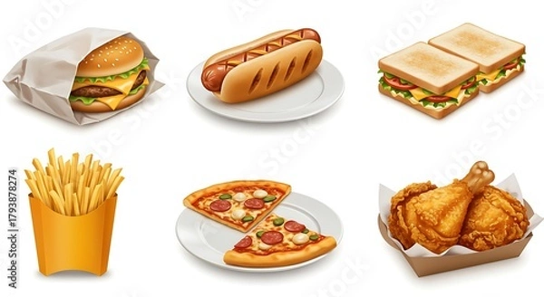 Fototapeta A colorful collection of popular fast food items, including a hamburger, pizza, hot dog, fries, and fried chicken, presented as a set of detailed illustrations