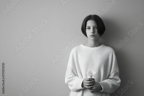 Obraz small girl with trembling lips stands against pure monochrome background holding delicate flower