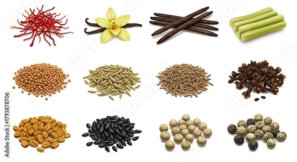 Fototapeta A diverse collection of aromatic whole spices and culinary flavorings isolated on a white background