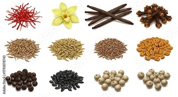 Fototapeta A vibrant assortment of exotic spices and herbs, showcasing their unique textures and colors for culinary and aromatic exploration