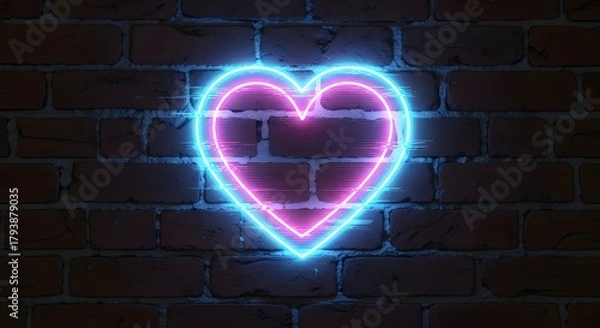 Fototapeta A vibrant neon heart sign glowing in pink and blue colors against a dark brick wall background, creating a modern and eye-catching visual effect