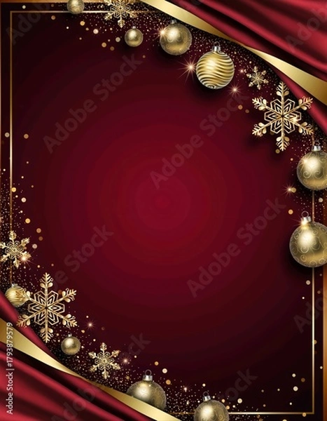 Fototapeta Luxurious deep red Christmas background featuring gold ornaments and glowing festive frame