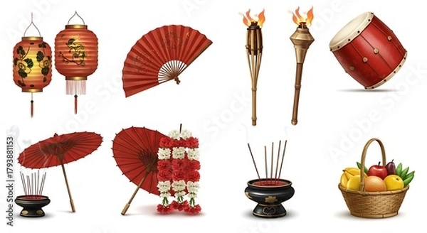 Fototapeta A diverse collection of realistic Asian cultural objects for festivals and celebrations