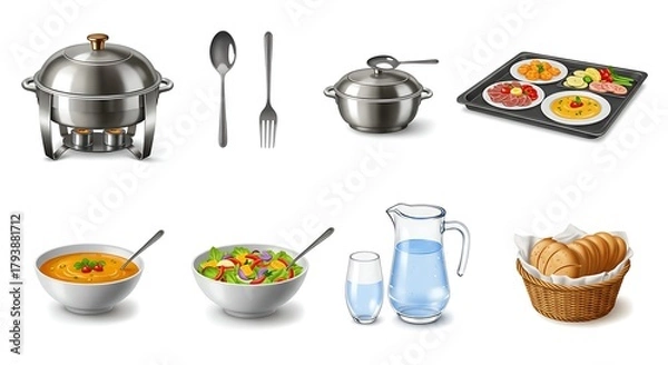 Fototapeta Collection of assorted dining and serving dishes, including chafing dishes, pots, bowls of food, and beverage pitchers