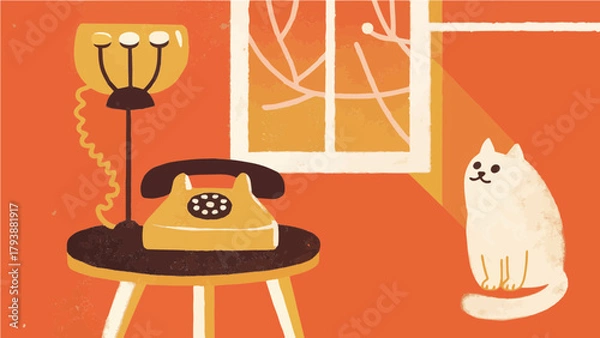 Fototapeta with a cute cat sitting beside it, soft lighting and warm nostalgic tones.