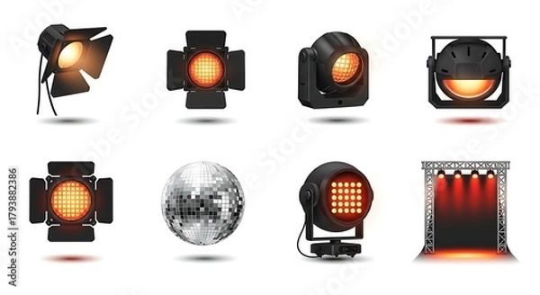 Fototapeta An isolated set of professional stage and concert lighting equipment, including various spotlights, a mirror ball, and a lighting rig for show production