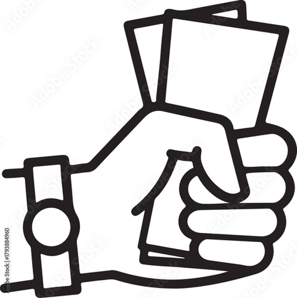 Fototapeta Hand holding cards icon vector with wristwatch detail, editable stroke design for payment, ticketing, decision-making, and minimalistic graphic applications.