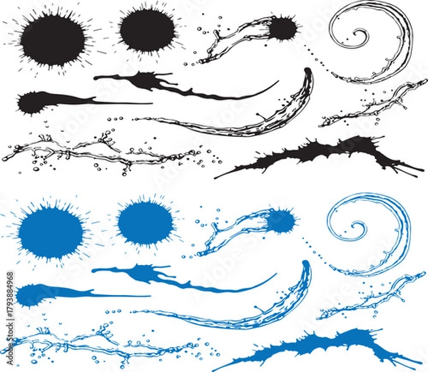 Fototapeta Abstract ink splash and swirl elements vector set in black and blue, editable stroke design for decorative graphics, digital art, and creative compositions.