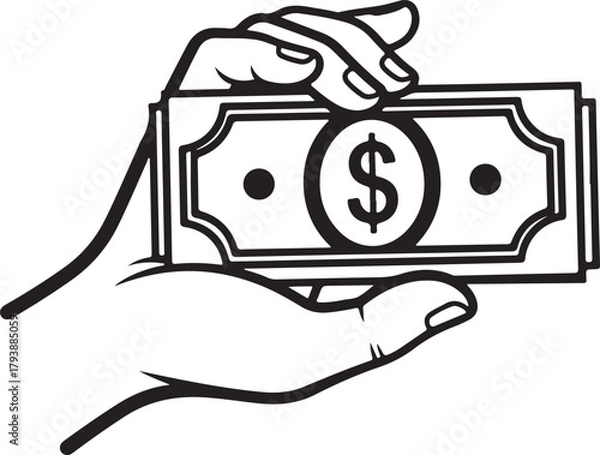 Fototapeta Hand holding dollar bills icon vector with black and white outline, editable stroke design for payment, finance, money transaction, and economic exchange themes.